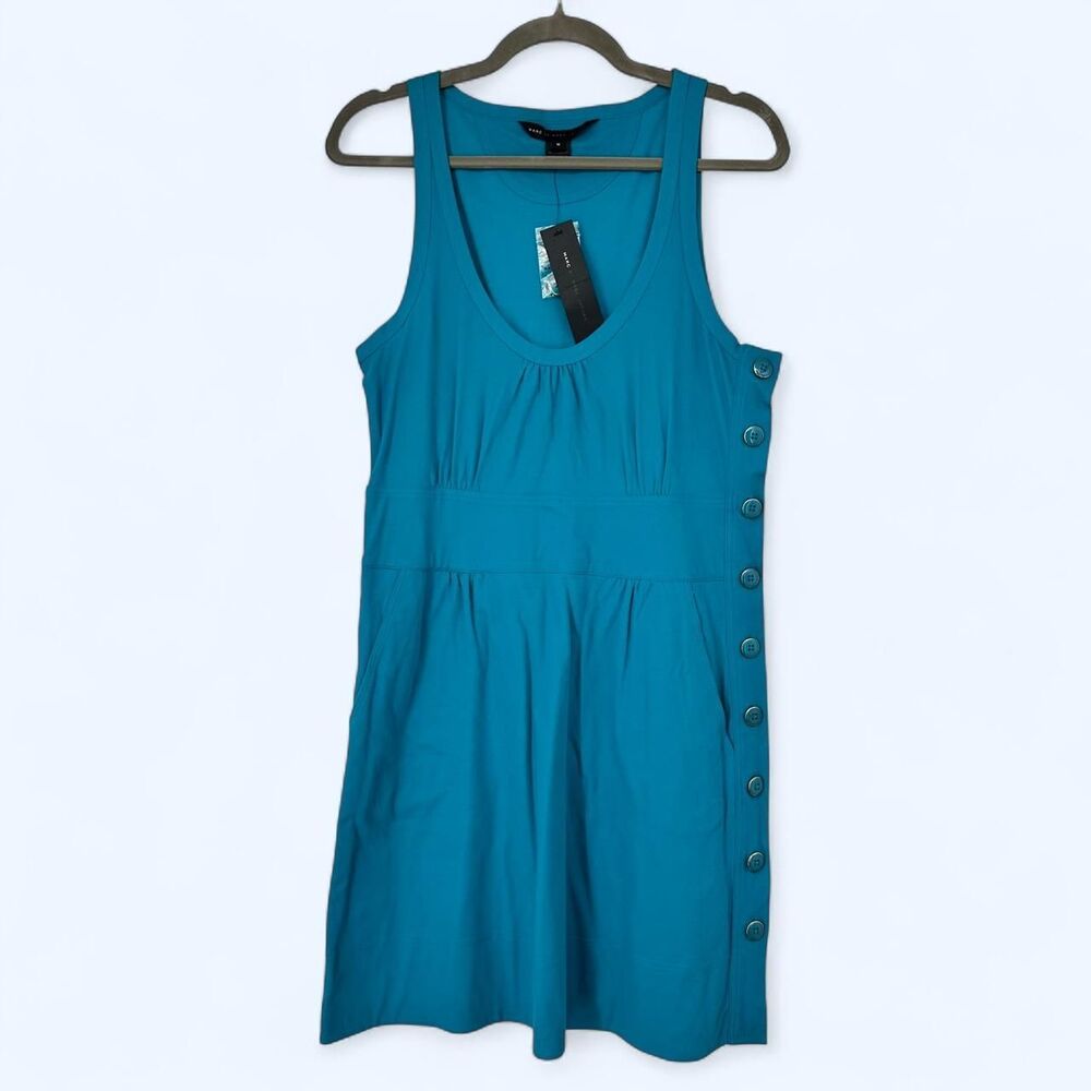 Teal Blue Scoop Neck Side Button Detail Knit Cotton Tank Mini Dress